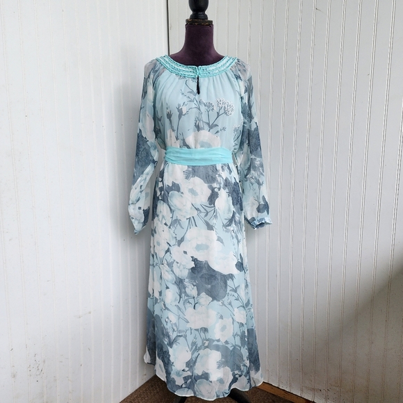 American Glamour Badgley Mischka Dress Womens Long Sleeve Chiffon Beaded Flowy M - Picture 2 of 16